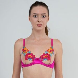 Hello LA Girl Mesh Embroidered Floral Bra in Pink, S